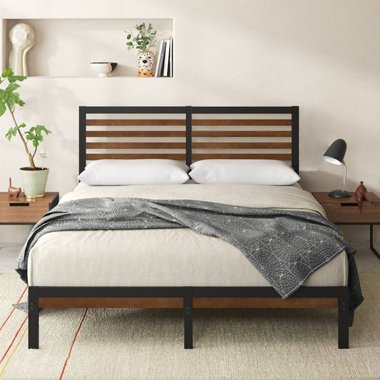 Full Metal Platform Bed Frame with Bamboo Wood Slat Headboard and Footboard - Tampa Home & Garden Store