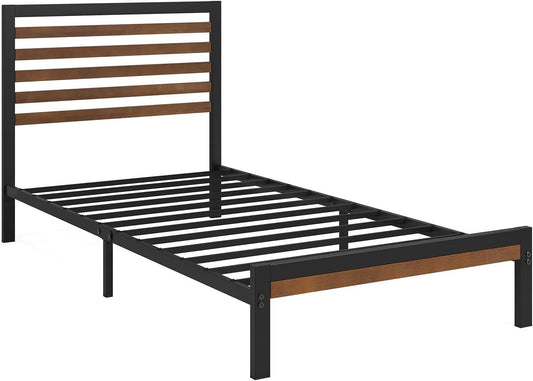 Twin Metal Platform Bed Frame with Bamboo Wood Slatted Headboard and Footboard - Tampa Home & Garden Store