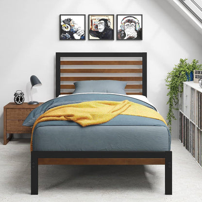 Base de cama de plataforma doble de metal con cabecero y piecero de listones de madera de bambú