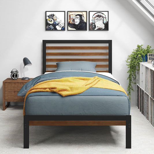 Twin Metal Platform Bed Frame with Bamboo Wood Slatted Headboard and Footboard - Tampa Home & Garden Store