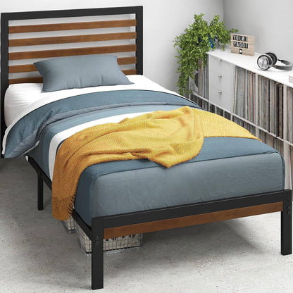 Base de cama de plataforma doble de metal con cabecero y piecero de listones de madera de bambú
