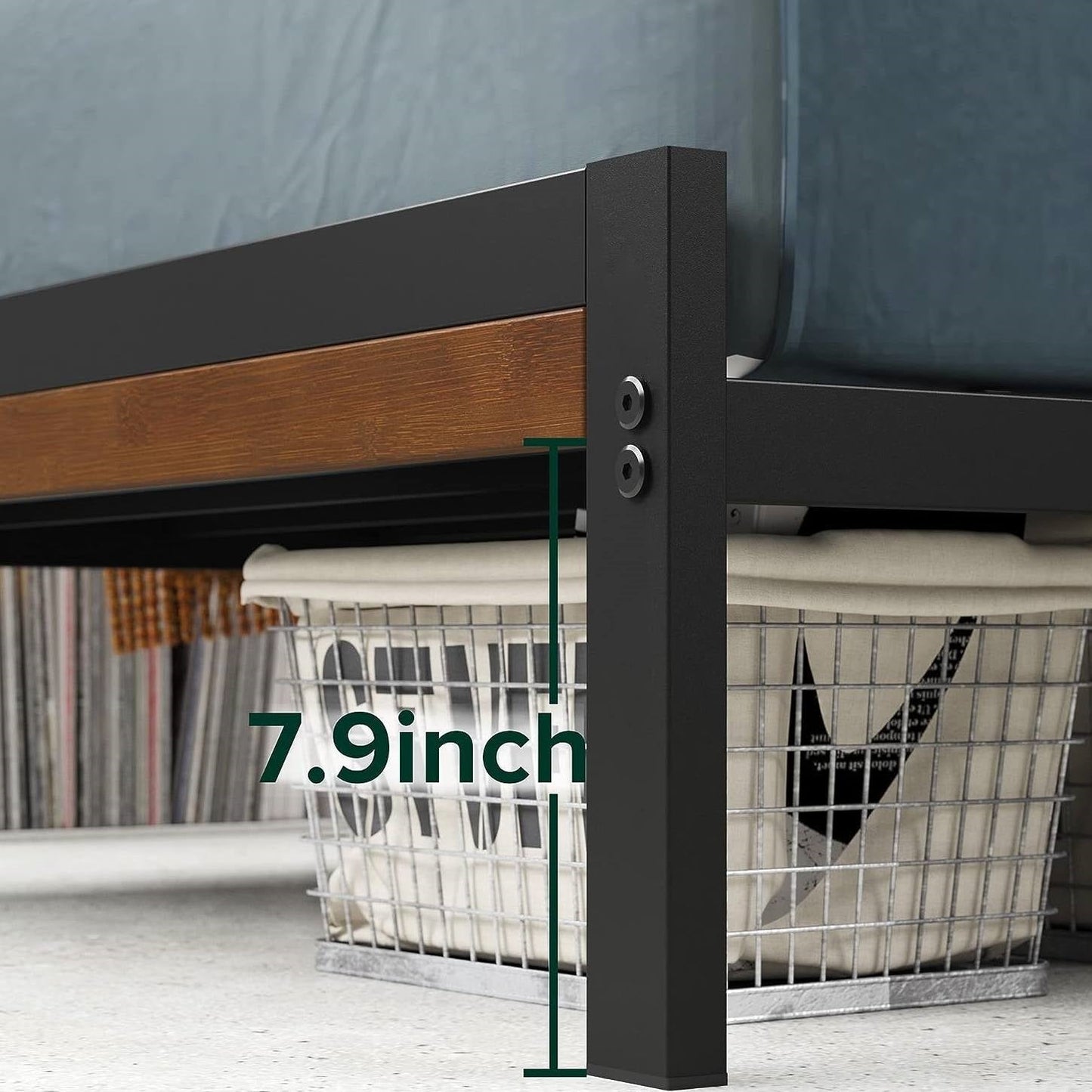 Base de cama de plataforma doble de metal con cabecero y piecero de listones de madera de bambú