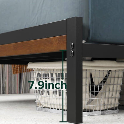 Base de cama de plataforma doble de metal con cabecero y piecero de listones de madera de bambú