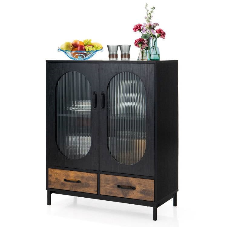Aparador de comedor moderno de madera y metal negro/marrón con puertas de cristal