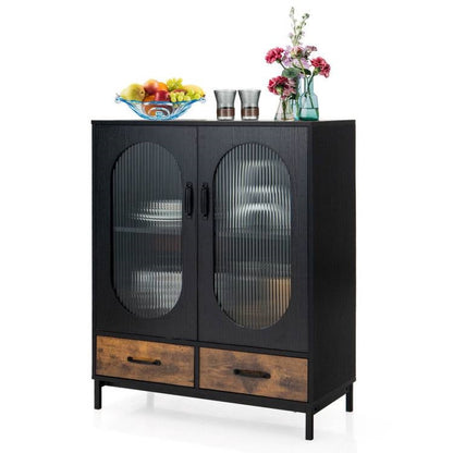 Aparador de comedor moderno de madera y metal negro/marrón con puertas de cristal