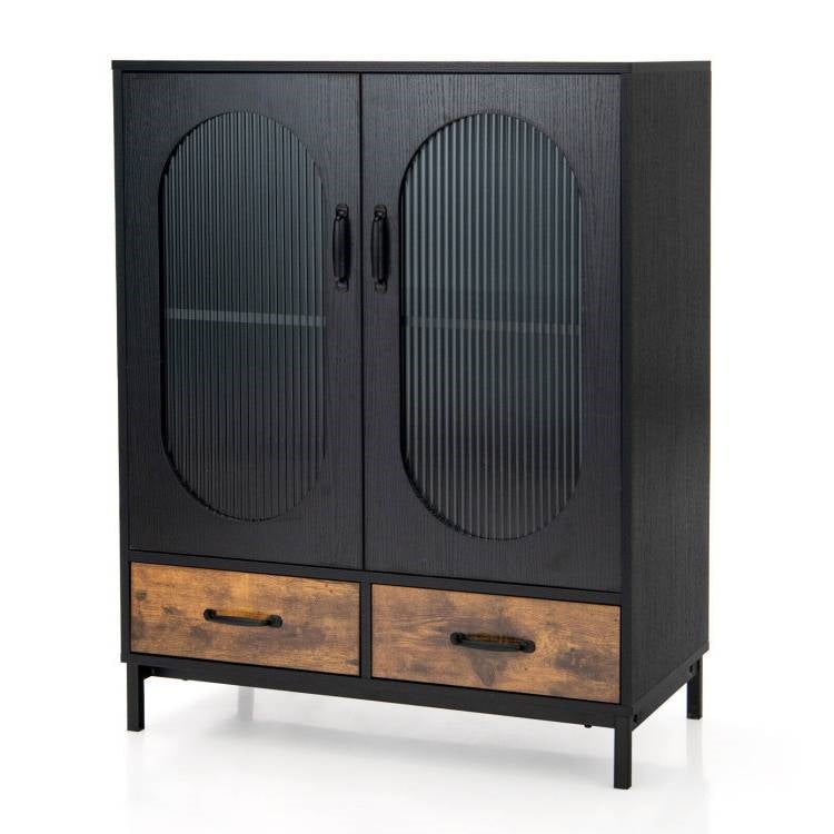 Aparador de comedor moderno de madera y metal negro/marrón con puertas de cristal