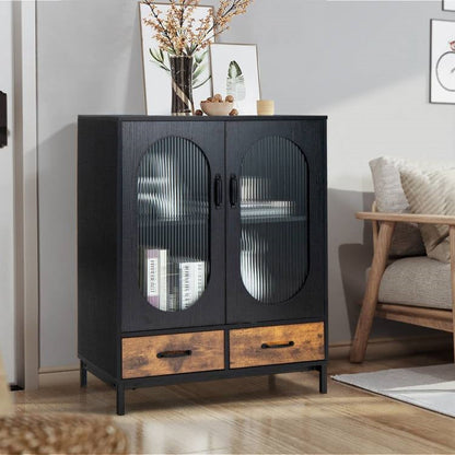 Aparador de comedor moderno de madera y metal negro/marrón con puertas de cristal