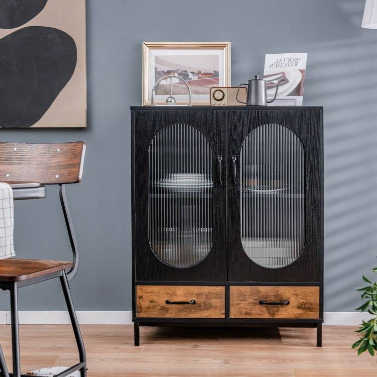 Aparador de comedor moderno de madera y metal negro/marrón con puertas de cristal