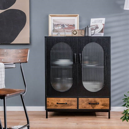 Aparador de comedor moderno de madera y metal negro/marrón con puertas de cristal