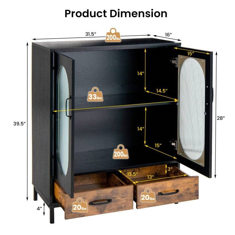Aparador de comedor moderno de madera y metal negro/marrón con puertas de cristal