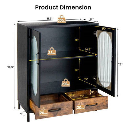 Aparador de comedor moderno de madera y metal negro/marrón con puertas de cristal