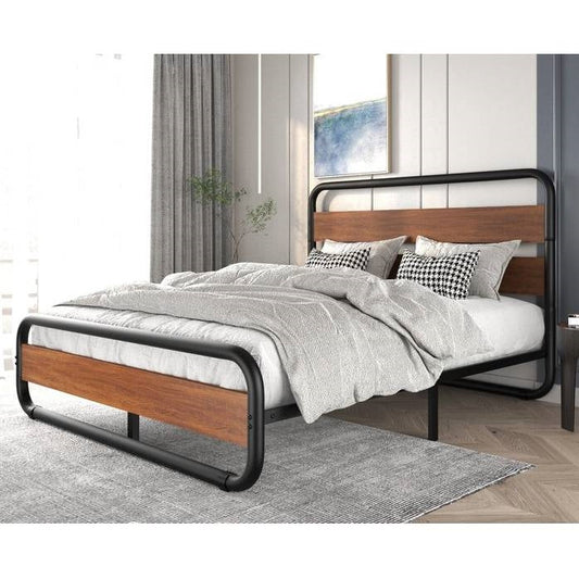 King size Heavy Duty Industrial Modern Metal Wood Platform Bed Frame with Headboard - Tampa Home & Garden Store