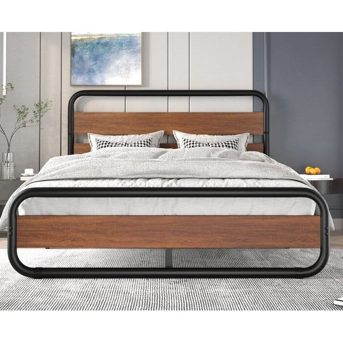 Marco de cama tipo plataforma de madera y metal industrial moderno de alta resistencia tamaño King con cabecera