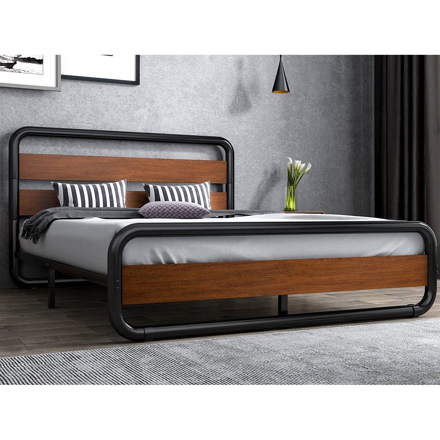 Marco de cama tipo plataforma de madera y metal industrial moderno de alta resistencia tamaño King con cabecera