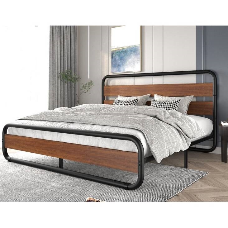 Marco de cama tipo plataforma de madera y metal industrial moderno de alta resistencia tamaño King con cabecera