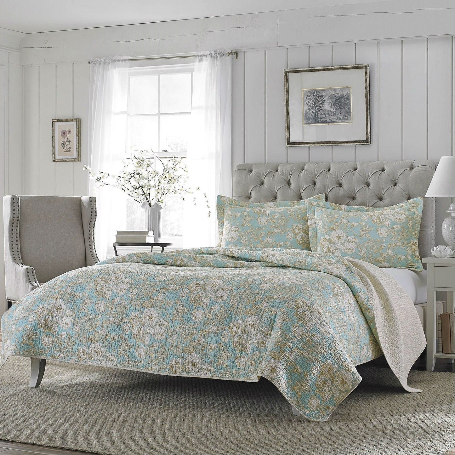Juego de edredón reversible de 3 piezas tamaño king de algodón con estampado floral azul verdoso y beige