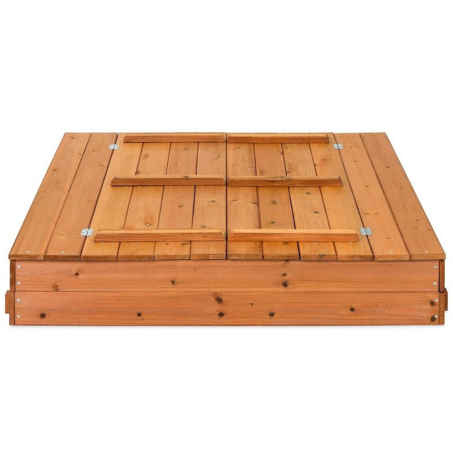Arenero resistente de madera de cedro marrón con banco incorporado para niños