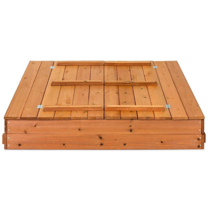 Arenero resistente de madera de cedro marrón con banco incorporado para niños