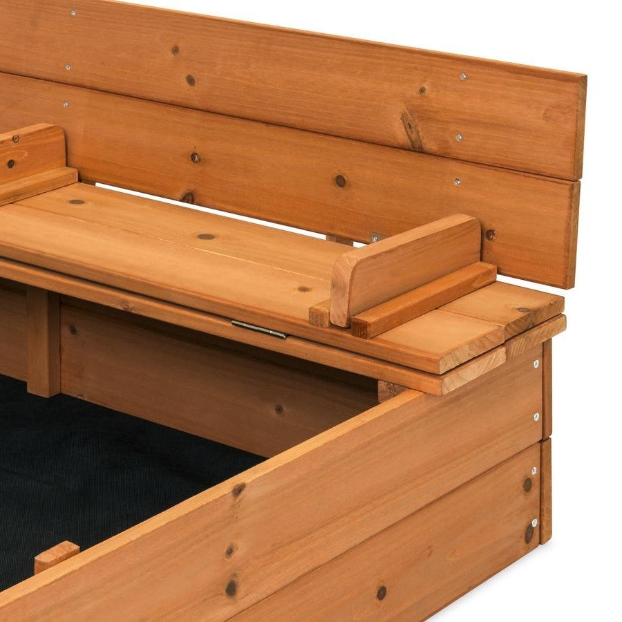 Arenero resistente de madera de cedro marrón con banco incorporado para niños