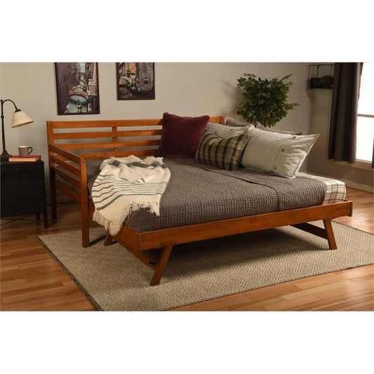 Solid Wood Day Bed Frame with Pull-out Pop Up Trundle Bed in Medium Brown - Tampa Home & Garden Store