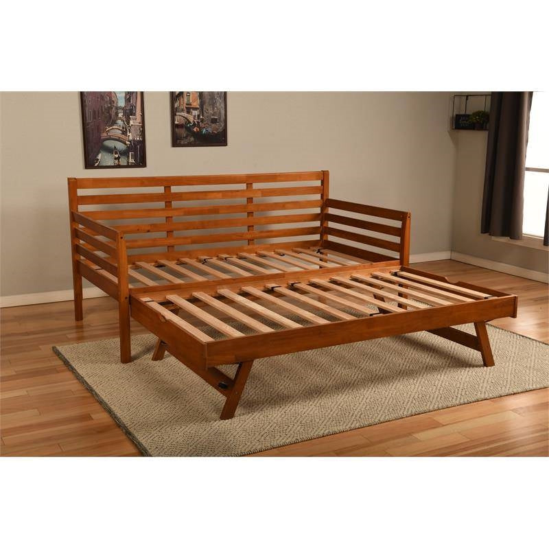 Cama de día con estructura de madera maciza con cama nido extraíble elevable en marrón medio