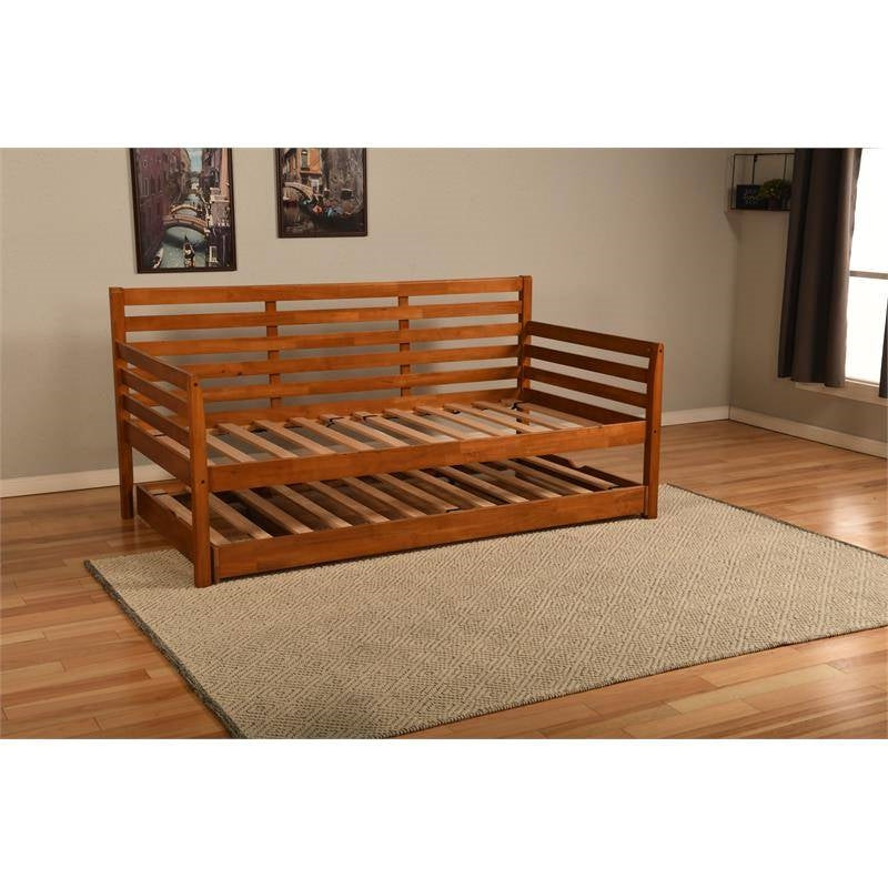 Cama de día con estructura de madera maciza con cama nido extraíble elevable en marrón medio