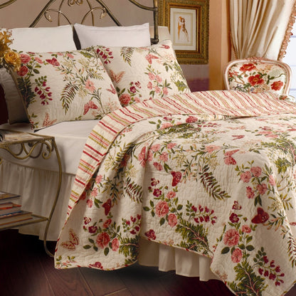 Juego de colcha king size de algodón de 3 piezas con estampado floral de mariposas en rosa beige