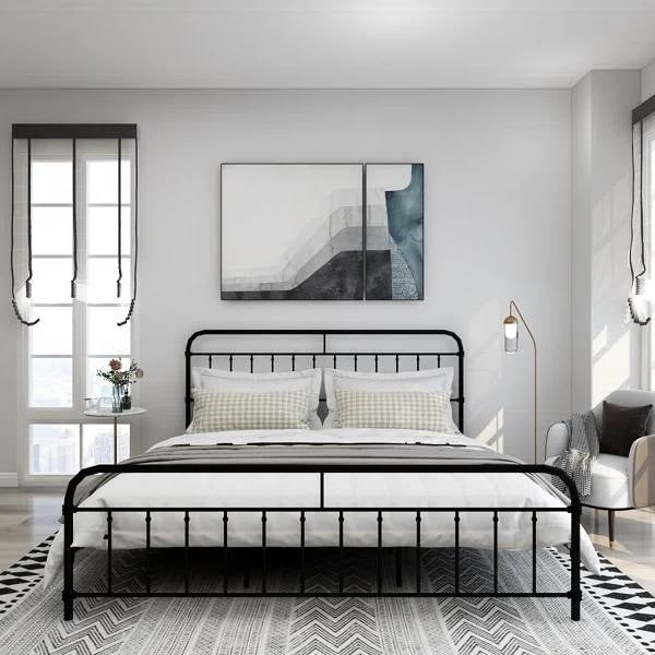 Base de cama de plataforma metálica negra King Size con cabecero y piecero redondeados