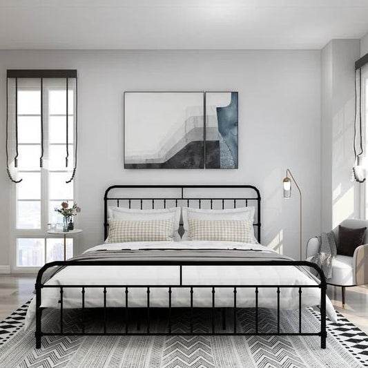 King size Black Metal Platform Bed Frame with Rounded Headboard Footboard - Tampa Home & Garden Store