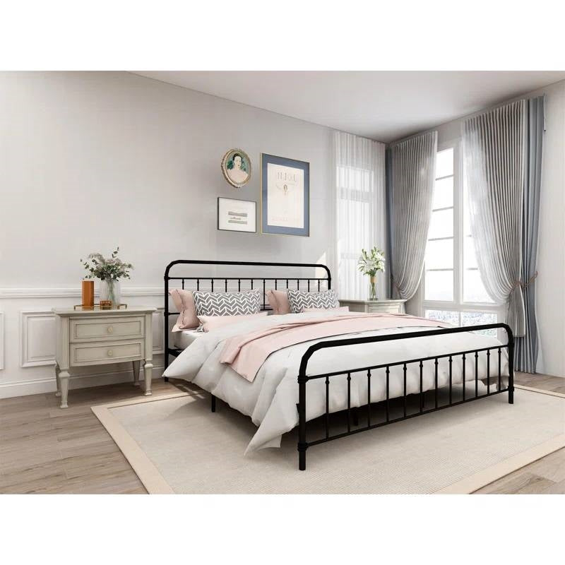 Base de cama de plataforma metálica negra King Size con cabecero y piecero redondeados