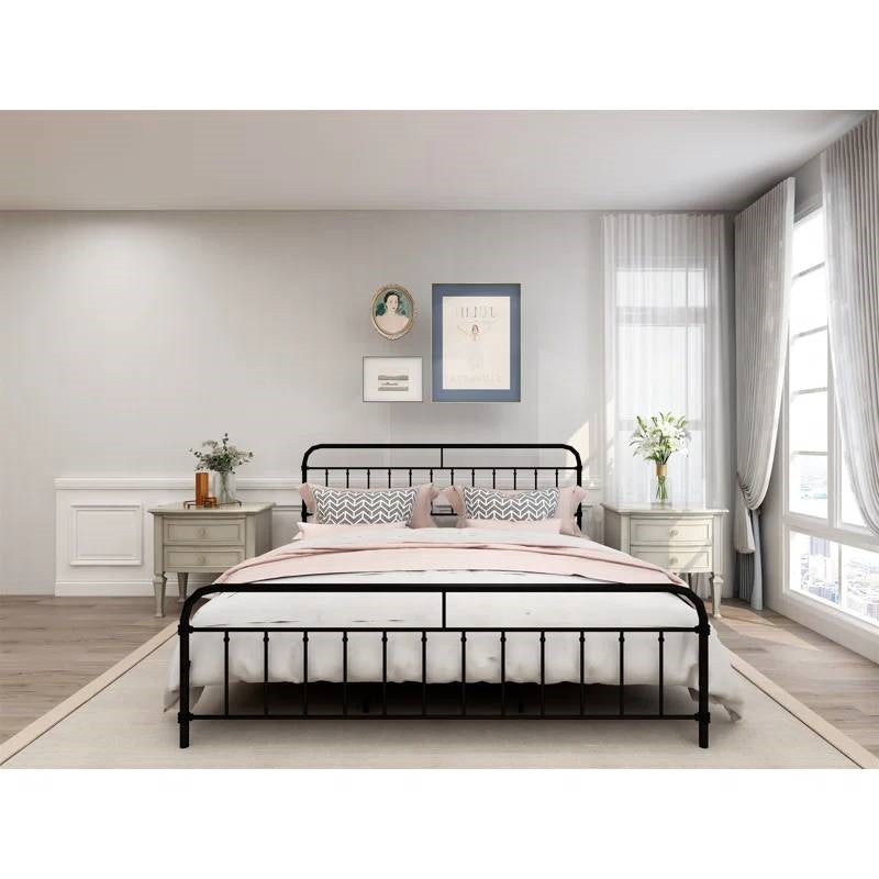 Base de cama de plataforma metálica negra King Size con cabecero y piecero redondeados