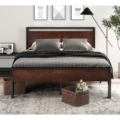 Base de cama King de metal con cabecero y piecero de madera de caoba