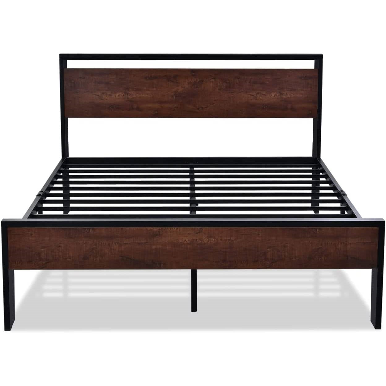 Base de cama King de metal con cabecero y piecero de madera de caoba