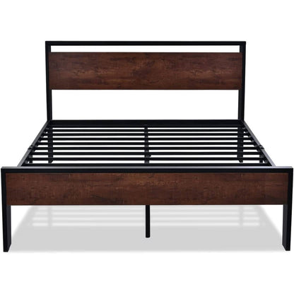Base de cama King de metal con cabecero y piecero de madera de caoba