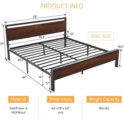 Base de cama King de metal con cabecero y piecero de madera de caoba