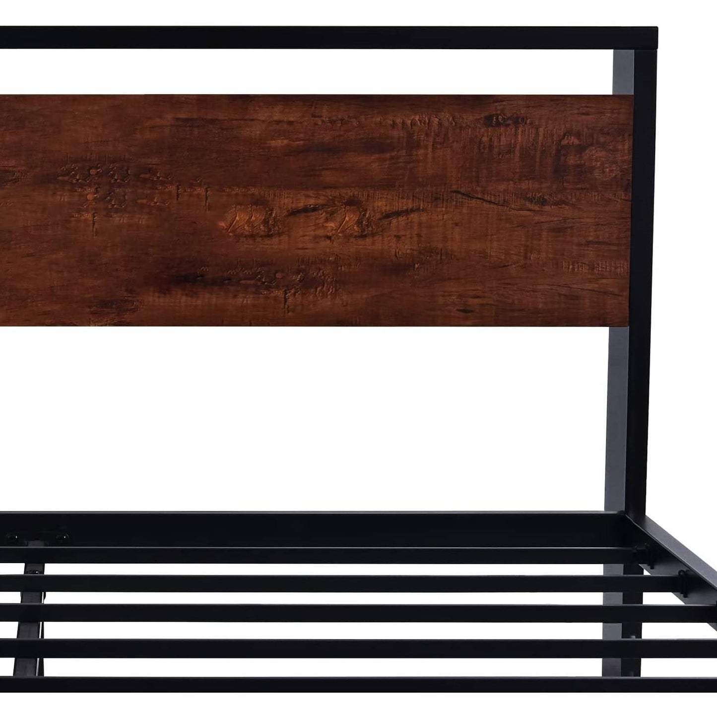 Base de cama King de metal con cabecero y piecero de madera de caoba
