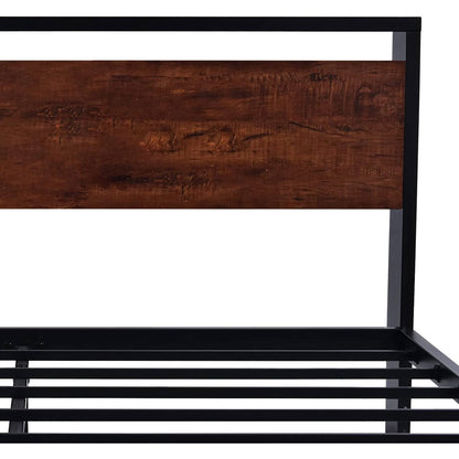Base de cama King de metal con cabecero y piecero de madera de caoba