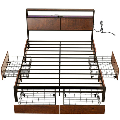 Base de cama King size con cabecero y cajones de almacenamiento en acabado de madera marrón