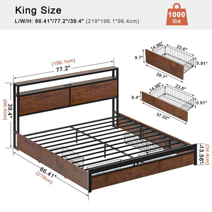 Base de cama King size con cabecero y cajones de almacenamiento en acabado de madera marrón