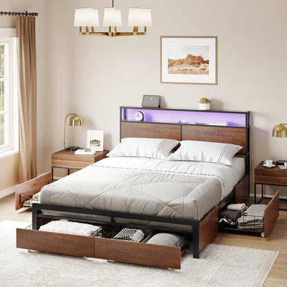 Base de cama King size con cabecero y cajones de almacenamiento en acabado de madera marrón
