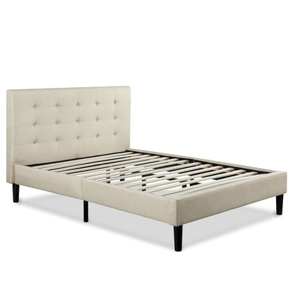 Estructura de cama King size tapizada en beige grisáceo con cabecero