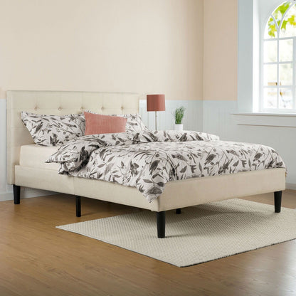 Estructura de cama King size tapizada en beige grisáceo con cabecero