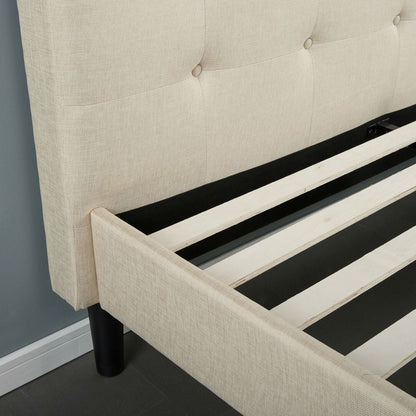 Estructura de cama King size tapizada en beige grisáceo con cabecero