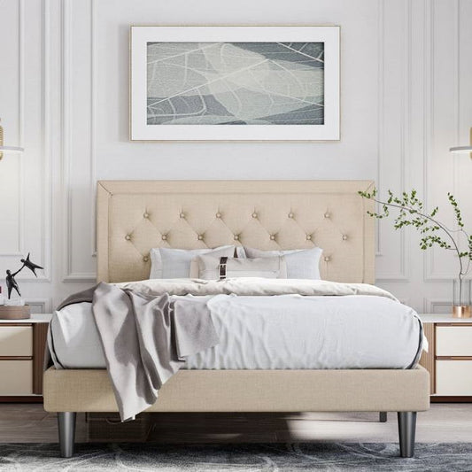 King Adjustable Height Platform Bed Frame with Beige Upholstered Headboard - Tampa Home & Garden Store