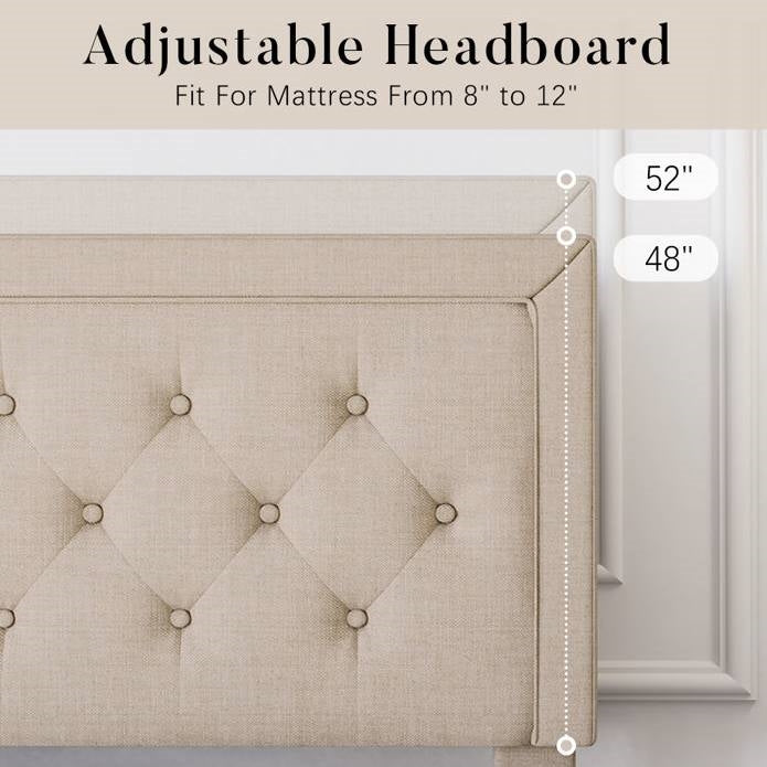 Base de cama tipo plataforma King con altura ajustable y cabecera tapizada en beige