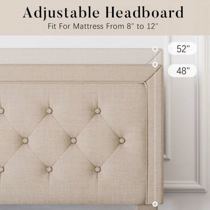 Base de cama tipo plataforma King con altura ajustable y cabecera tapizada en beige