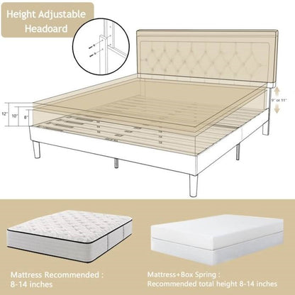 Base de cama tipo plataforma King con altura ajustable y cabecera tapizada en beige
