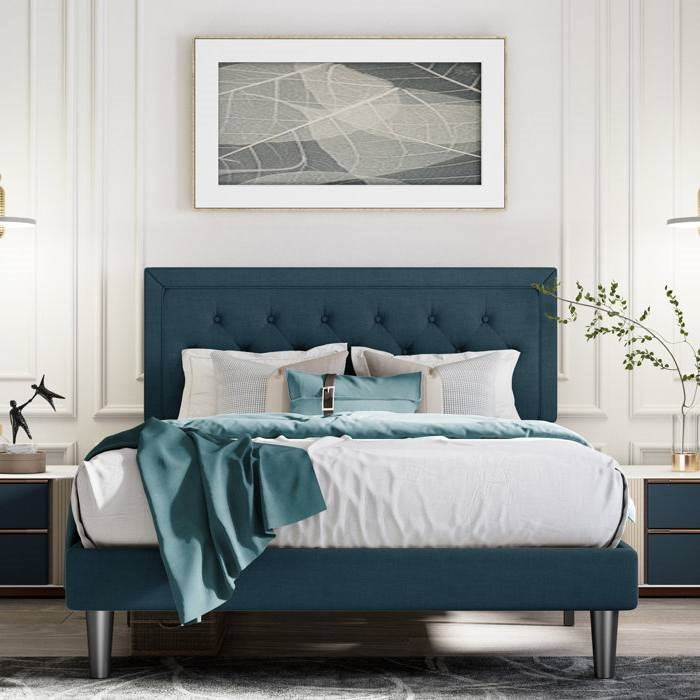 Base de cama tipo plataforma King con altura ajustable y cabecera tapizada en azul