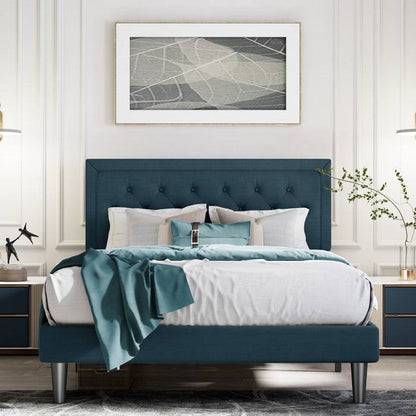 Base de cama tipo plataforma King con altura ajustable y cabecera tapizada en azul