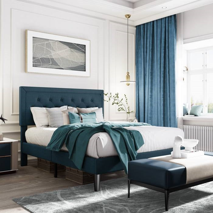 Base de cama tipo plataforma King con altura ajustable y cabecera tapizada en azul